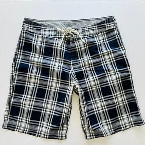 Lands' End Canvas Men's Board Swim Shorts Size 36 Plaid White Blue 10" Long